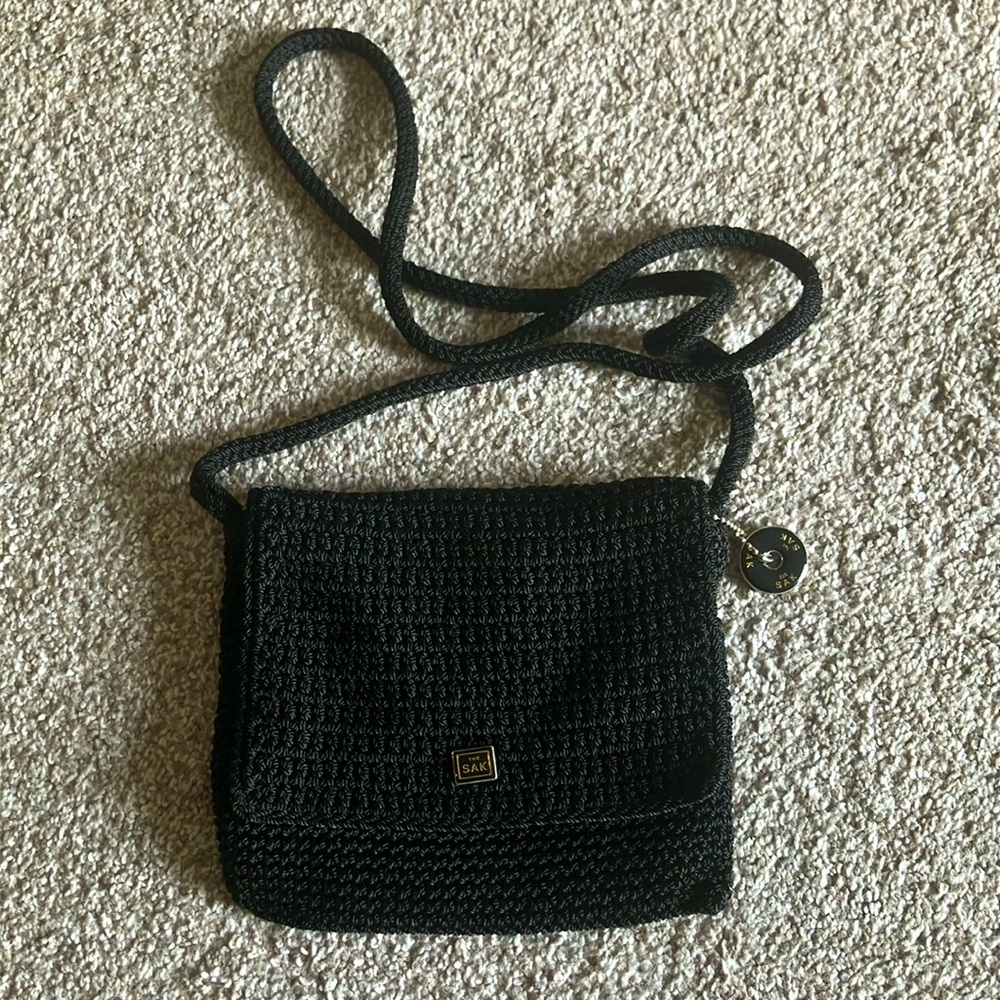 THE SAK CROCHET KNIT FLAP ZIPPERED BLACK CROSSBODY BAG